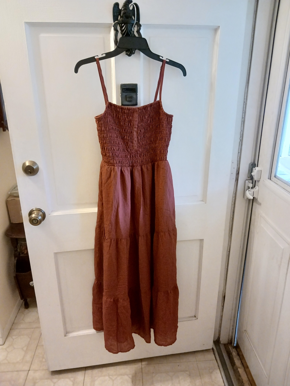 Universal Thread Rust Smocked Tiered Maxi Dress S Terracotta Sleeveless Pockets